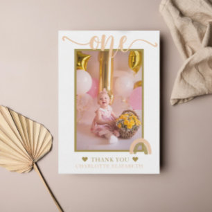 Carte De Remerciements Photo de premier anniversaire Boho Rainbow rose or