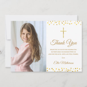 Carte De Remerciements Photo de première communion aux cœurs dorés