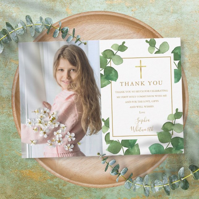 Carte De Remerciements Photo de première communion avec verdure d'eucalyp (Créateur téléchargé)