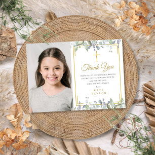 Carte De Remerciements Photo de première communion florale sauge et lilas