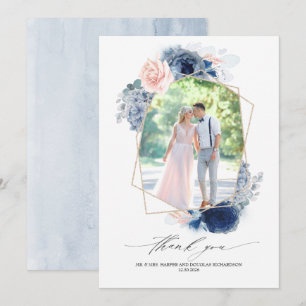 Carte De Remerciements Photo de remerciement de mariage floral bleu pouss