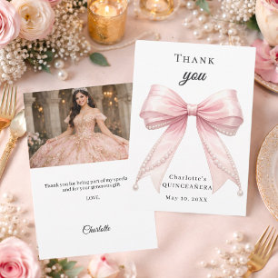 Carte De Remerciements Photo de ruban rose de Quinceanera avec perles