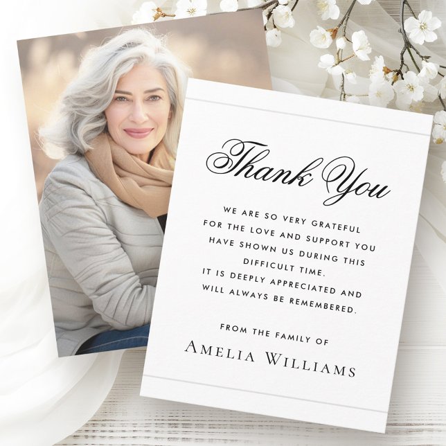 Carte De Remerciements Photo de sympathie élégant deuil blanc (Elegant photo sympathy bereavement white thank you card)