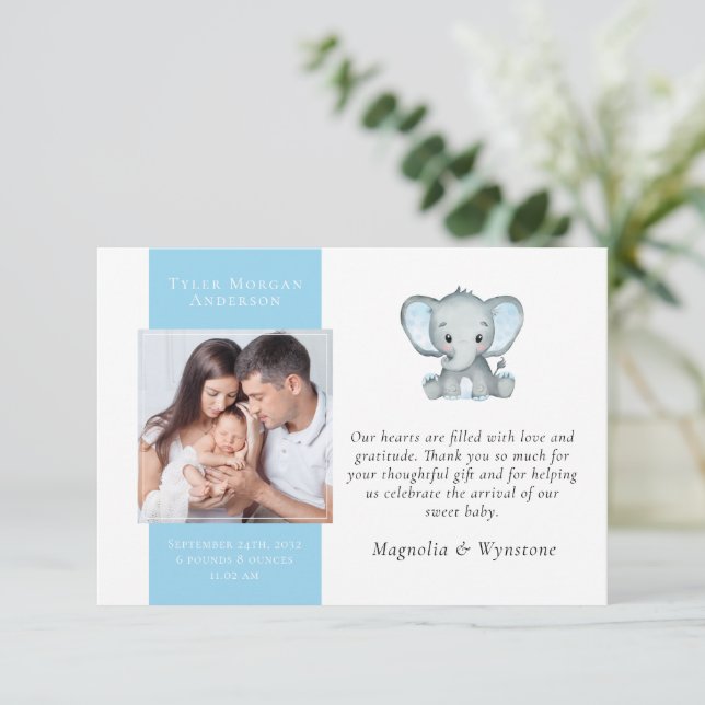 Carte De Remerciements Photo d'éléphant bleu Nouveau bébé  (Debout devant)