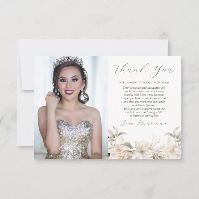 Carte De Remerciements Photo d'hiver en argent blanc Florals Quinceañera (Devant)