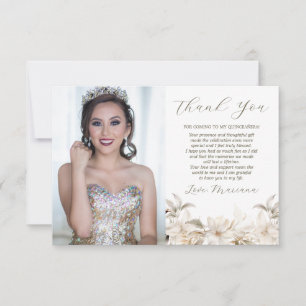 Carte De Remerciements Photo d'hiver en argent blanc Florals Quinceañera
