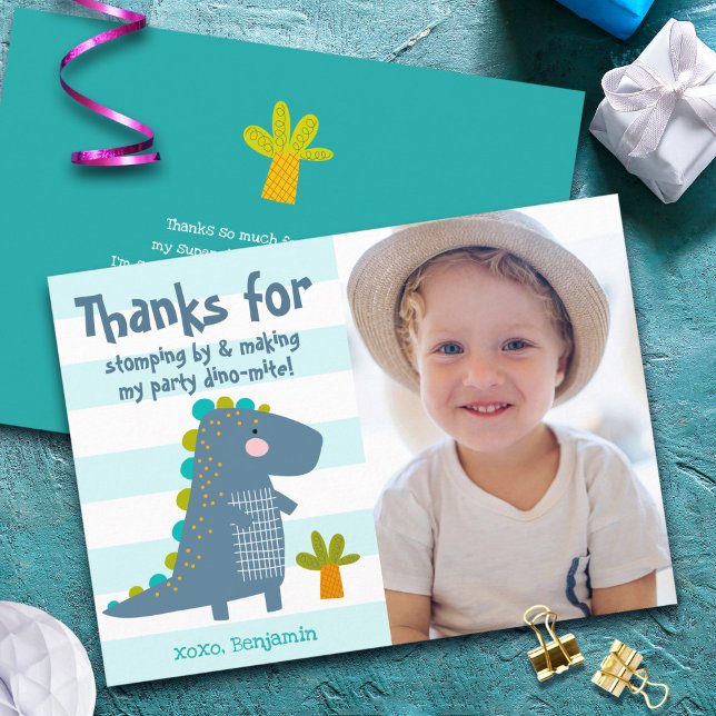 Carte De Remerciements Photo Dinosaure Bleu Mignon Kawaii Amusant Anniver (Créateur téléchargé)