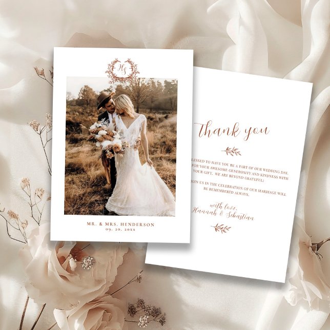 Carte De Remerciements Photo du Mariage de la crête de monogramme (Créateur téléchargé)