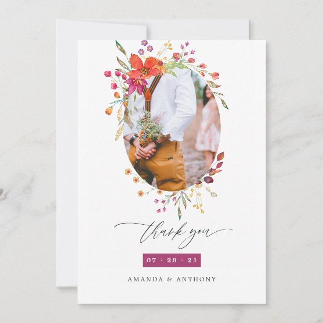 Carte De Remerciements Photo du Mariage Fleur sauvage d'Aquarelle (Devant)