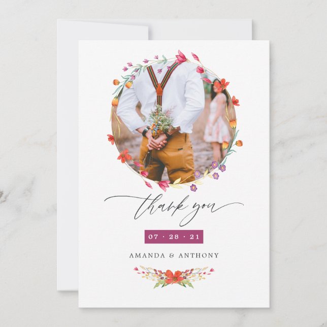 Carte De Remerciements Photo du Mariage photo Fleur sauvage d'Aquarelle (Devant)