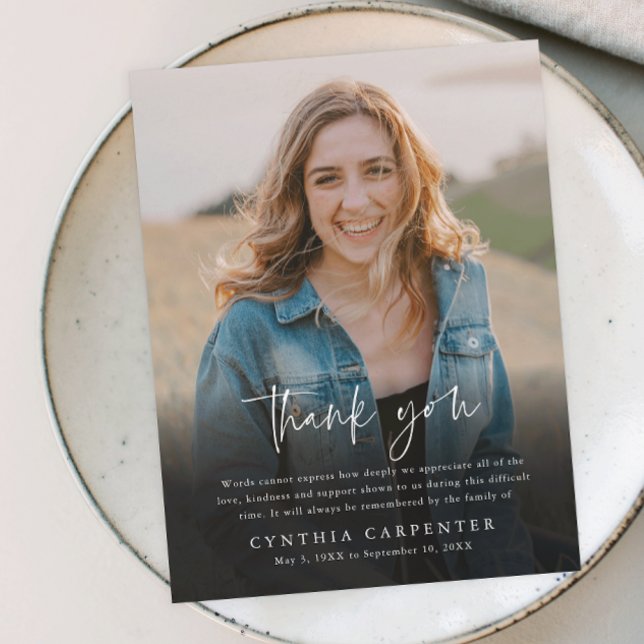 Carte De Remerciements Photo du mémorial funéraire moderne (Modern script simple photo memorial thank you card.)