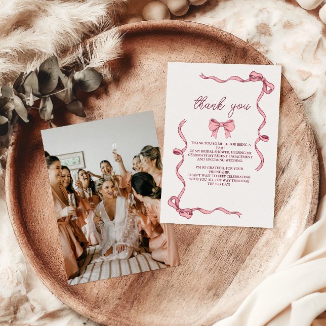 Carte De Remerciements Photo Elegant Pink Bow Fête des mariées (Créateur téléchargé)