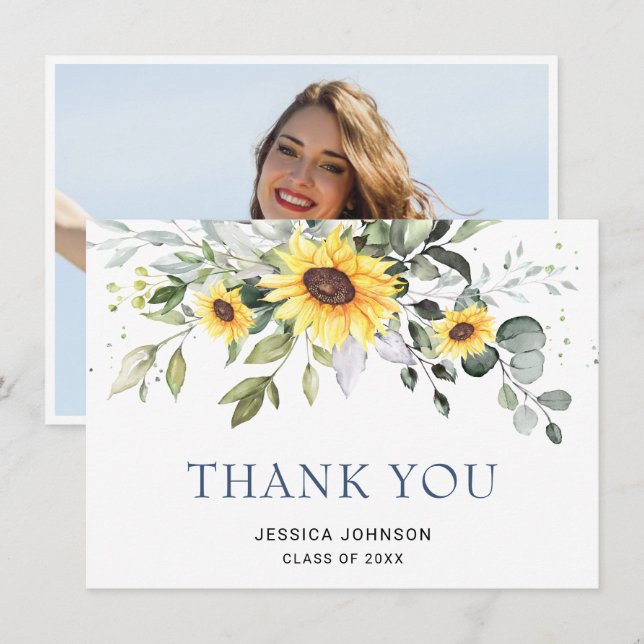 Carte De Remerciements PHOTO Elegant Sunflowers Eucalyptus (Devant / Derrière)