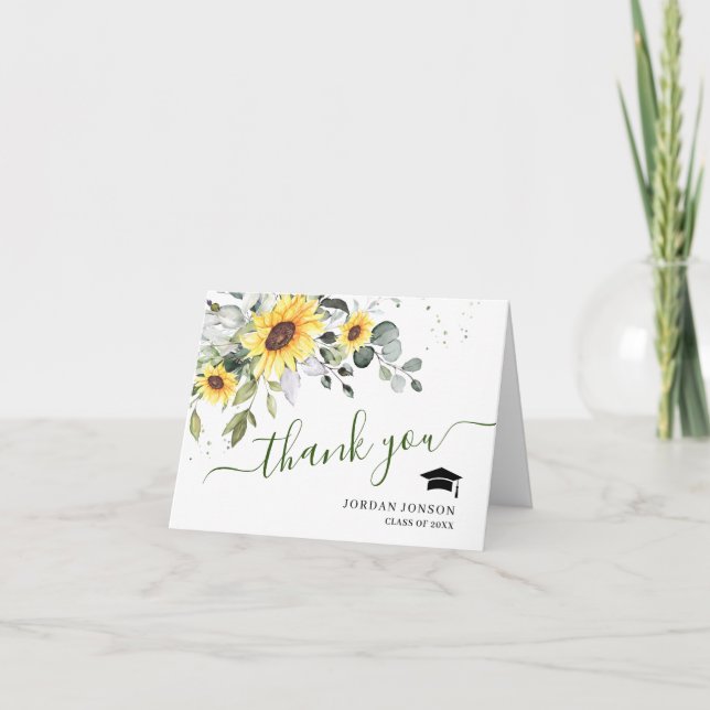 Carte De Remerciements PHOTO Elégant tournesol Eucalyptus Graduation (Devant)
