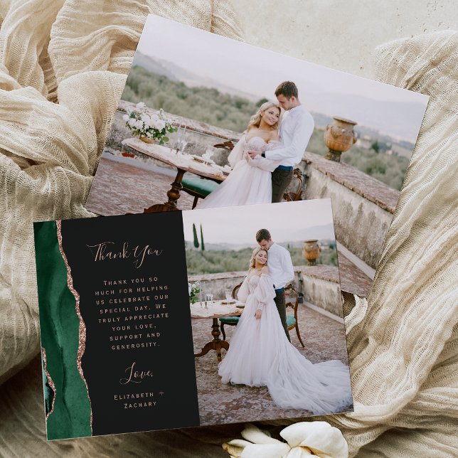 Carte De Remerciements Photo Emerald Green Agate Rose Gold Script Mariage (Créateur téléchargé)