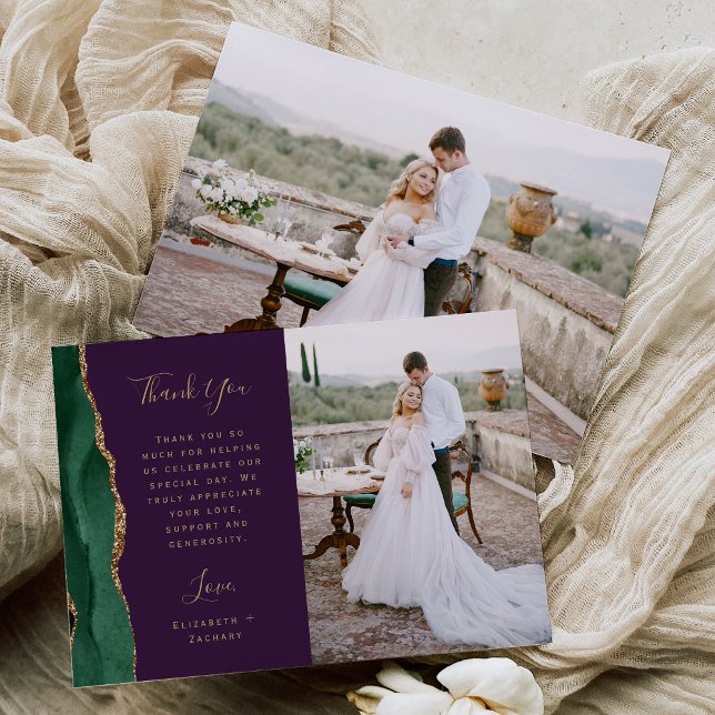Carte De Remerciements Photo Emerald Green Gold Agate Purple Mariage (Créateur téléchargé)