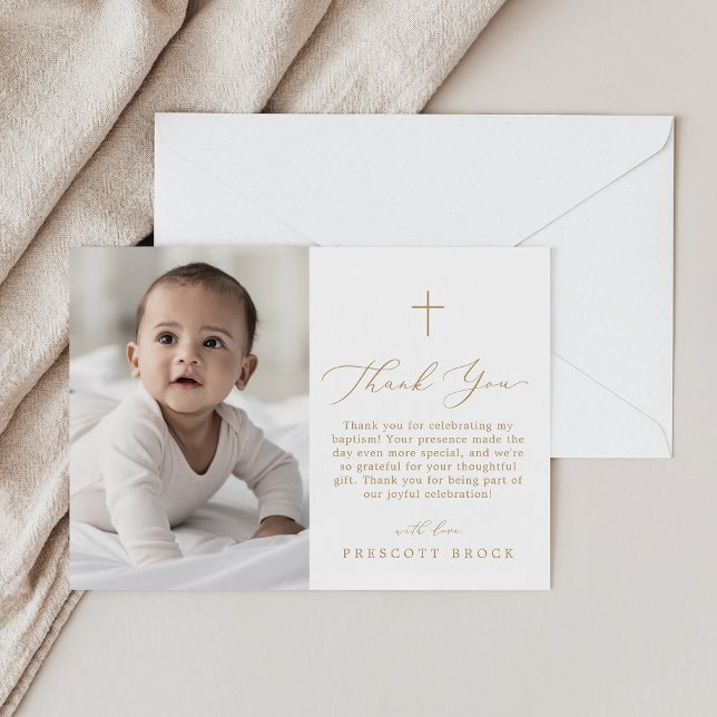 Carte De Remerciements Photo en or délicate Minimale Baptême croisé simpl (Delicate Gold Photo Minimal Simple Cross Baptism Thank You Card)