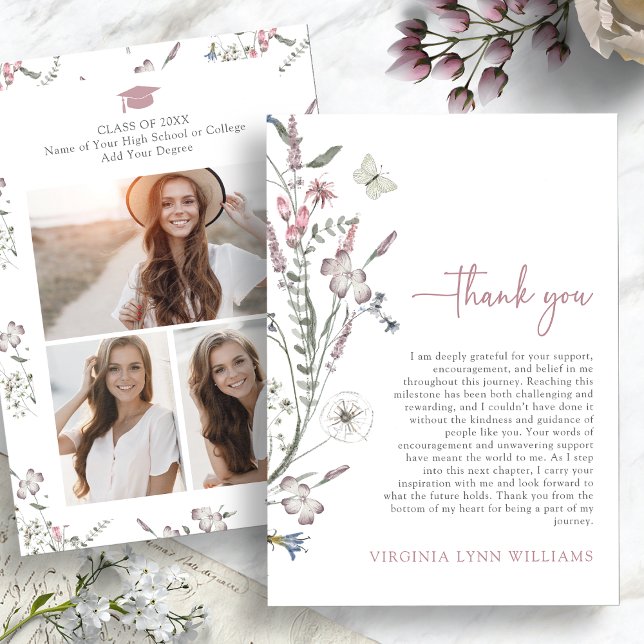 Carte De Remerciements Photo Fleur sauvage Pastel (Pastel Wildflowers Photo Thank You Card with Butterfly by Painted Paperie
)