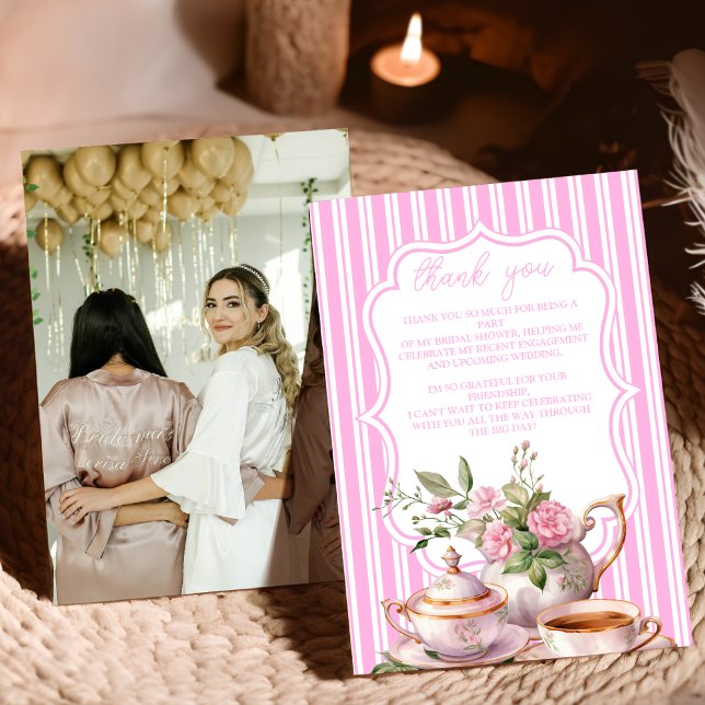 Carte De Remerciements Photo Fleurs Roses Pâles Thé Shower de Mariée (Créateur téléchargé)