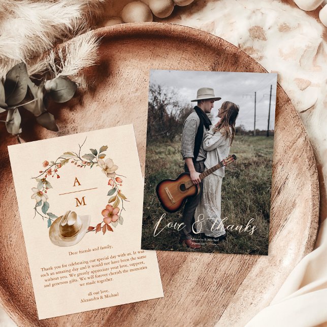 Carte De Remerciements Photo Floral Western Crest Monogramme Mariage (Créateur téléchargé)