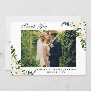 Carte De Remerciements Photo florale blanche verte de mariage d'aquarelle