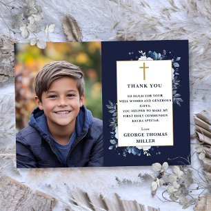 Carte De Remerciements Photo florale bleu marine Première communion saint