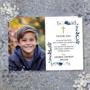 Carte De Remerciements Photo florale bleu marine Première communion saint