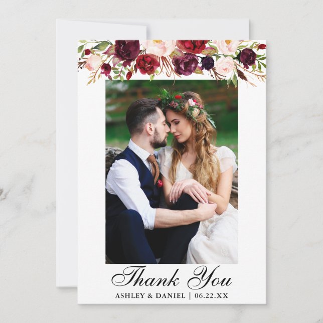 Carte De Remerciements Photo florale de Bourgogne de mariage (Devant)