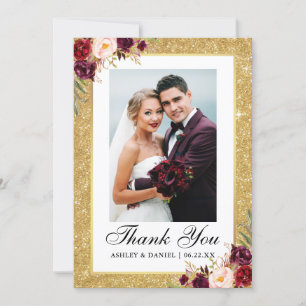 Carte De Remerciements Photo florale de Bourgogne de mariage de parties