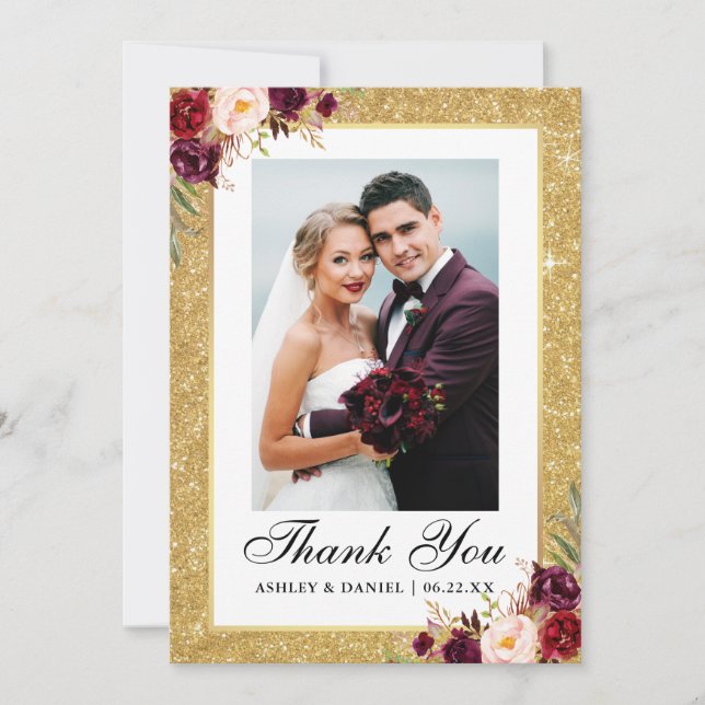 Carte De Remerciements Photo florale de Bourgogne de mariage de parties (Devant)