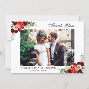 Carte De Remerciements Photo florale de mariage de Bourgogne Boho