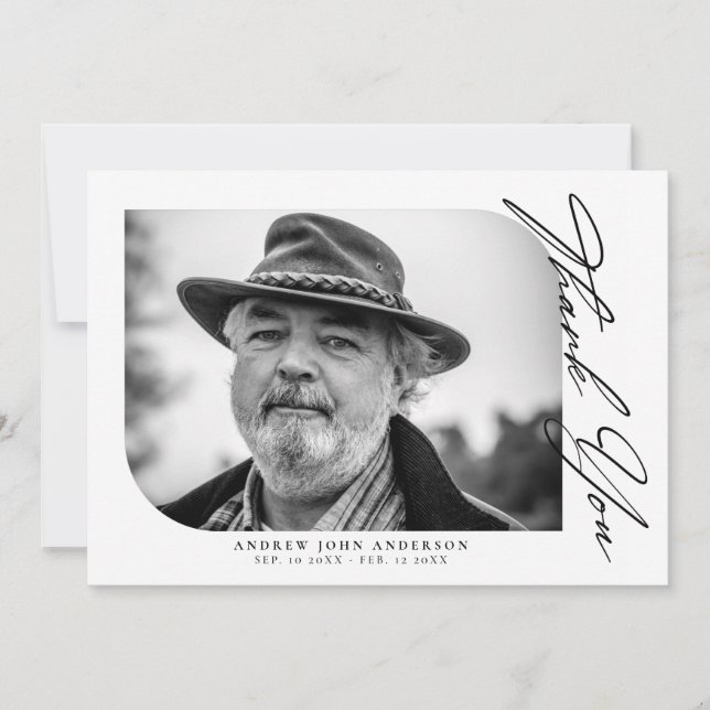 Carte De Remerciements Photo Funéraire Noir Et Blanc Simple (Devant)