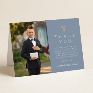 Carte De Remerciements Photo Garçon Communion Solennelle Pliée Bleu Pouss