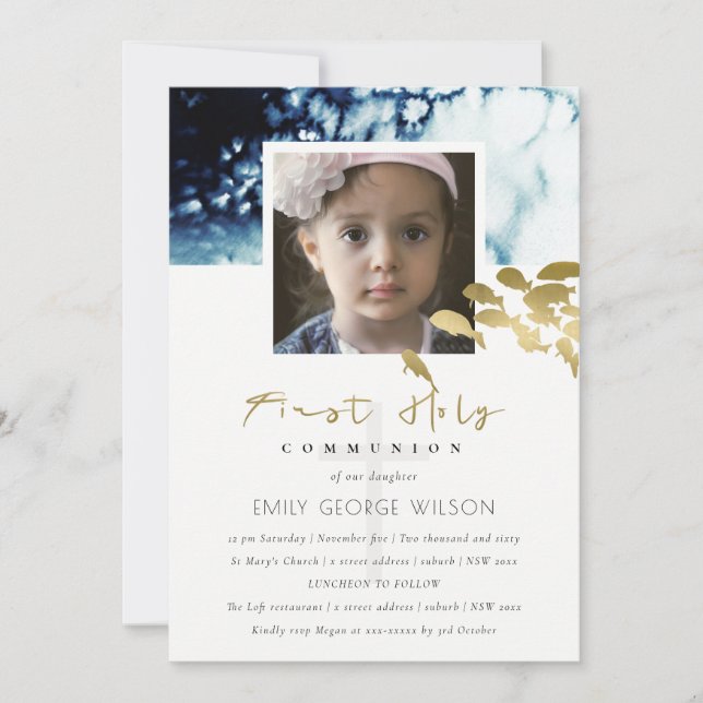 CARTE DE REMERCIEMENTS PHOTO GOLD NAVY FISH PREMIER SAINT COMMUNION INVIT (Devant)