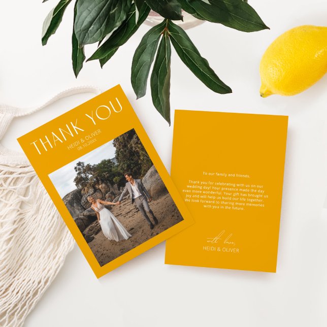 Carte de remerciements photo Jaune moderne (Modern Yellow Photo Wedding Thank You Card)
