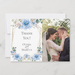 Carte De Remerciements Photo mariage   Aquarelle Bleu Peony Flowers