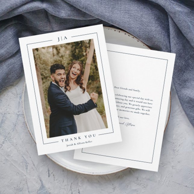 Carte De Remerciements Photo Mariage bleu de la marine classique (Elegant Monogram Navy Blue Photo Wedding Thank you Cards.)