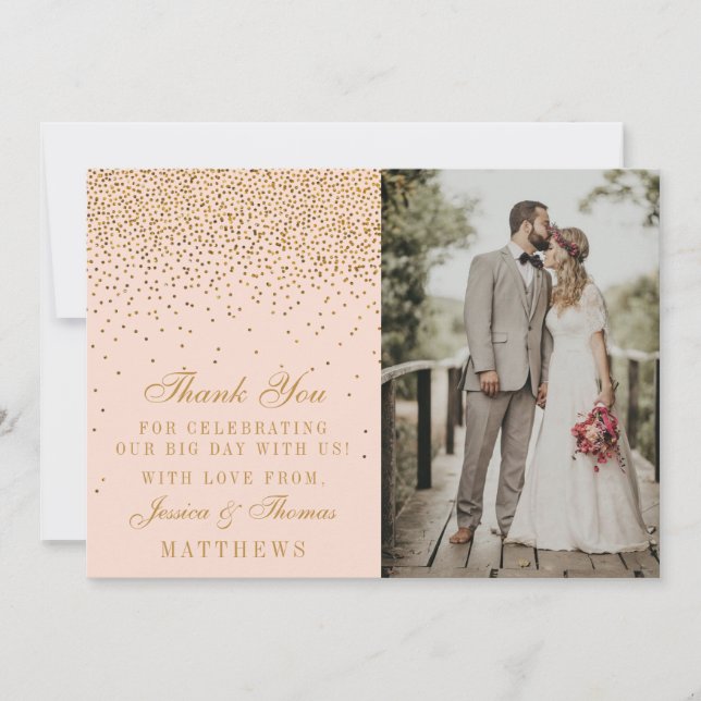 Carte De Remerciements Photo Mariage Blush Pink & Glam Gold (Devant)