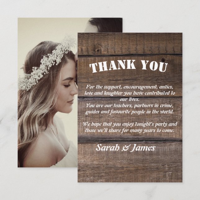 Carte De Remerciements Photo Mariage campagnard rustique en bois (Devant / Derrière)