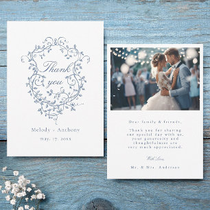 Carte De Remerciements Photo Mariage classique de la crête Florale Bleue 