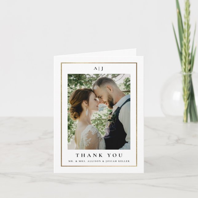 Carte De Remerciements Photo Mariage classique Elegant Gold (Devant)