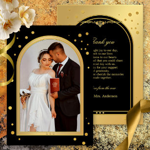 Carte De Remerciements Photo Mariage de Confetti en or noir