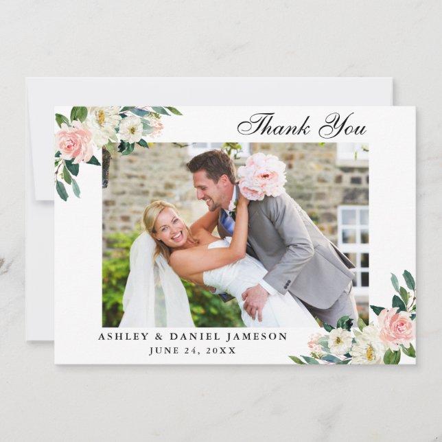 Carte De Remerciements Photo Mariage de couleur rose aquarelle (Devant)