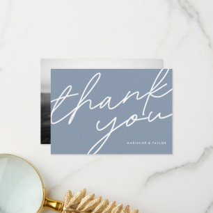 Carte De Remerciements Photo Mariage de la calligraphie bleu foncé modern