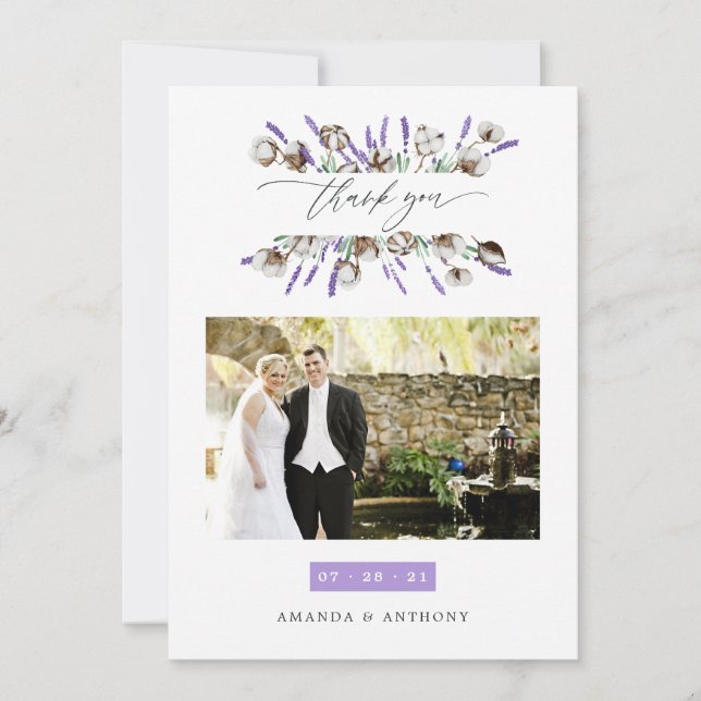 Carte De Remerciements Photo Mariage de la lavande de coton (Devant)
