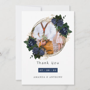 Carte De Remerciements Photo Mariage de la marine et de la florale d'or