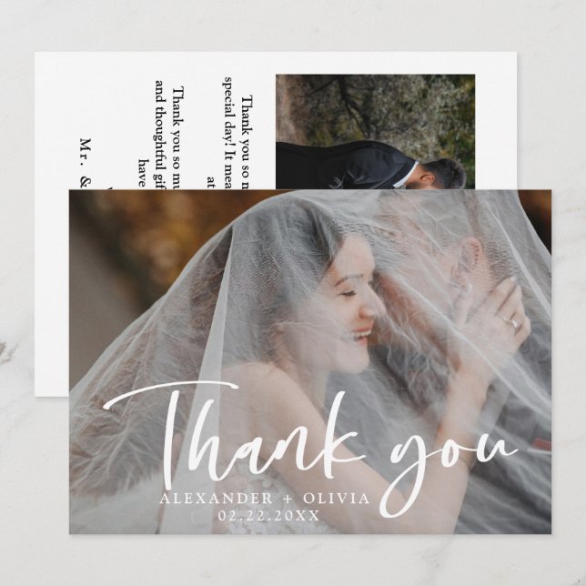 Carte De Remerciements Photo Mariage de superposition de script avec lett (Devant / Derrière)