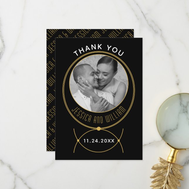 Carte De Remerciements Photo mariage d'inspiration bijouterie or (Devant/Arrière en situation)