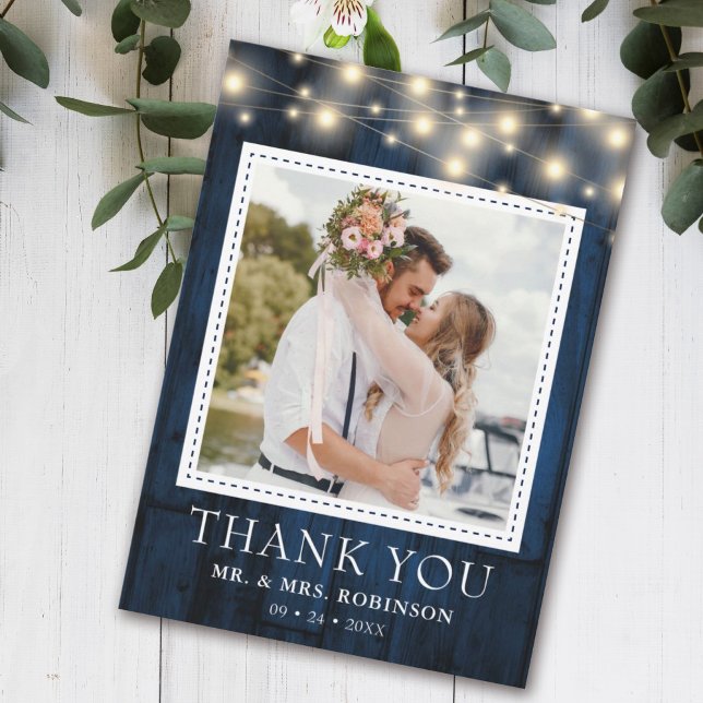 Carte De Remerciements Photo Mariage en bois rustique bleu marine (Créateur téléchargé)