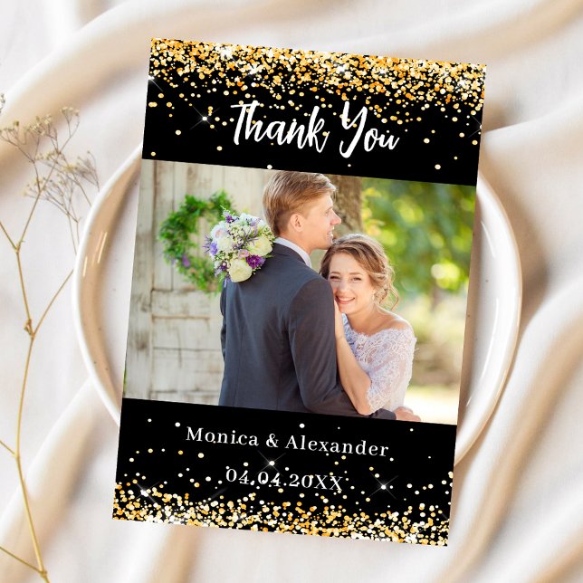 Carte de remerciements photo mariage en or noir (Créateur téléchargé)